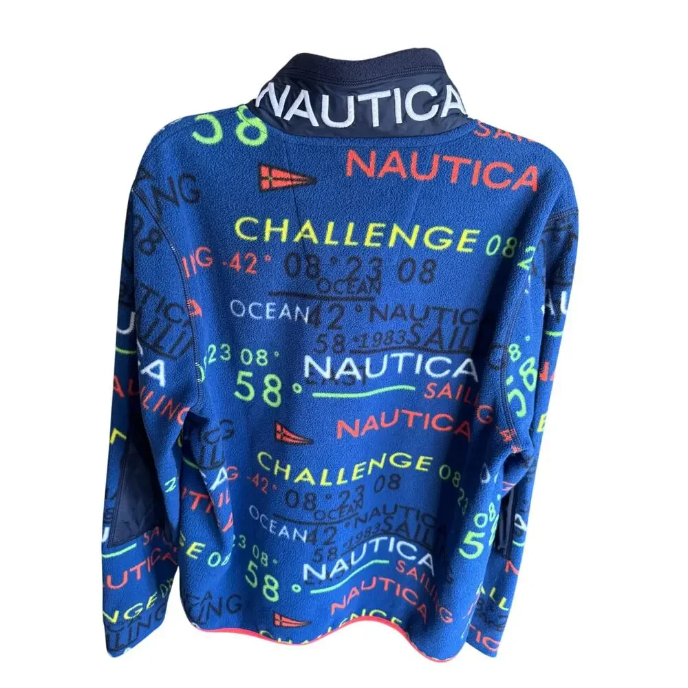 Nautica Mens Fleece Pullover Medium Blue Graphic 1/4 Zip Long Sleeve Sweater